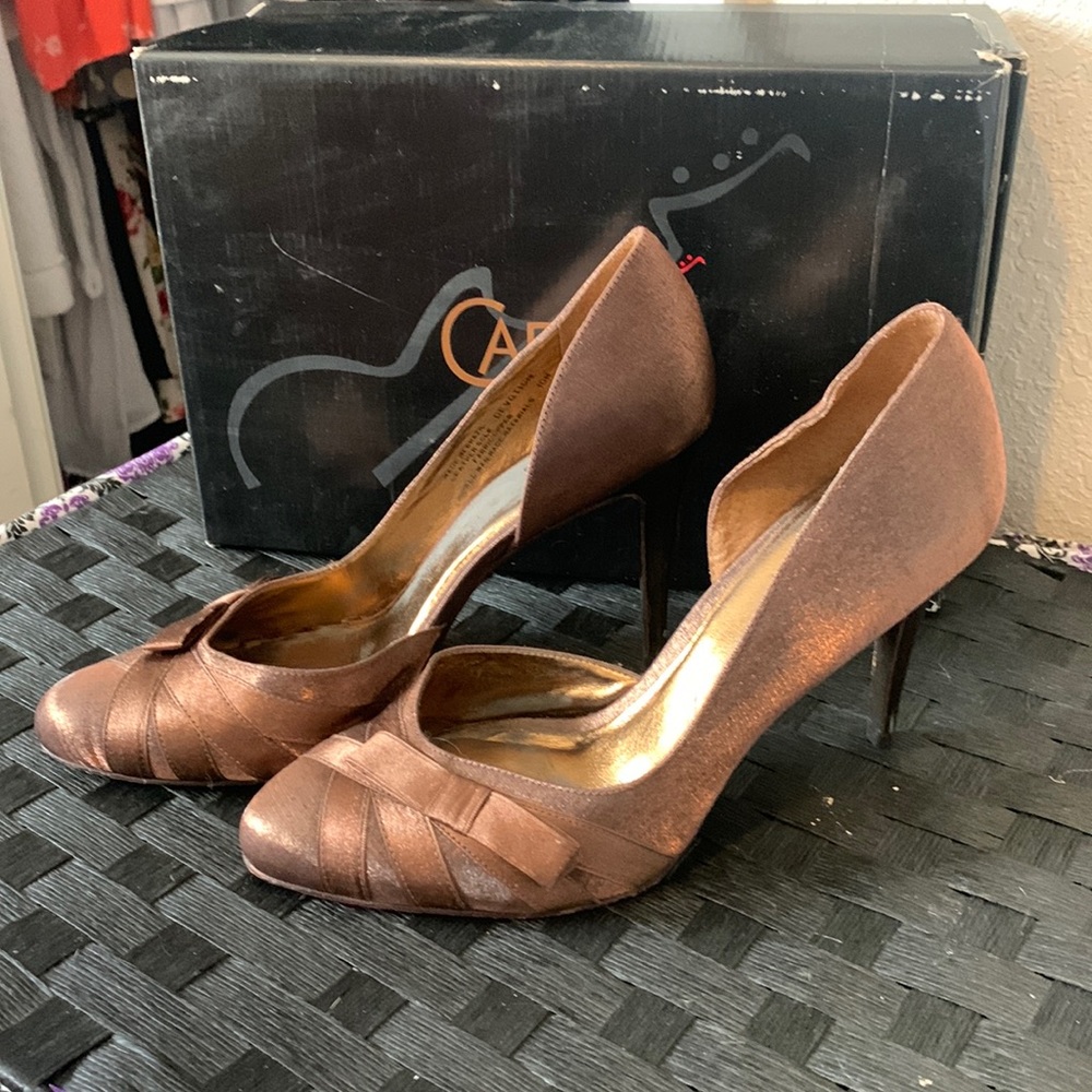 Carlos Santana Devotion bronze satin heels. Size 10. With box